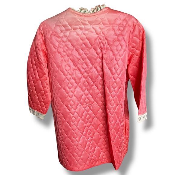 Vintage 60s Pink Quilted Satin Pajama Lounge Set Lace Trim Size 34 Medium - Picture 7 of 13